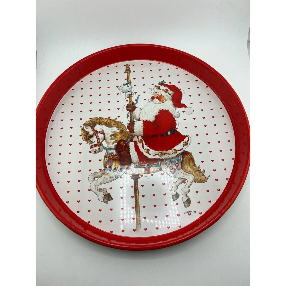 1992 Giordano Christmas Tin Platter Plate Santa & Horse Design
